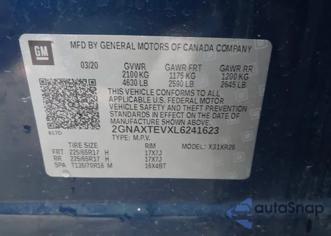 2020 Chevrolet Equinox Awd 2Fl from USA, damaged, VIN 2GNAXTEVXL6241623